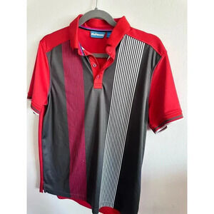 Bunker Mentality Red & Gray Short Sleeve Button Up Striped Polo Shirt Size Small